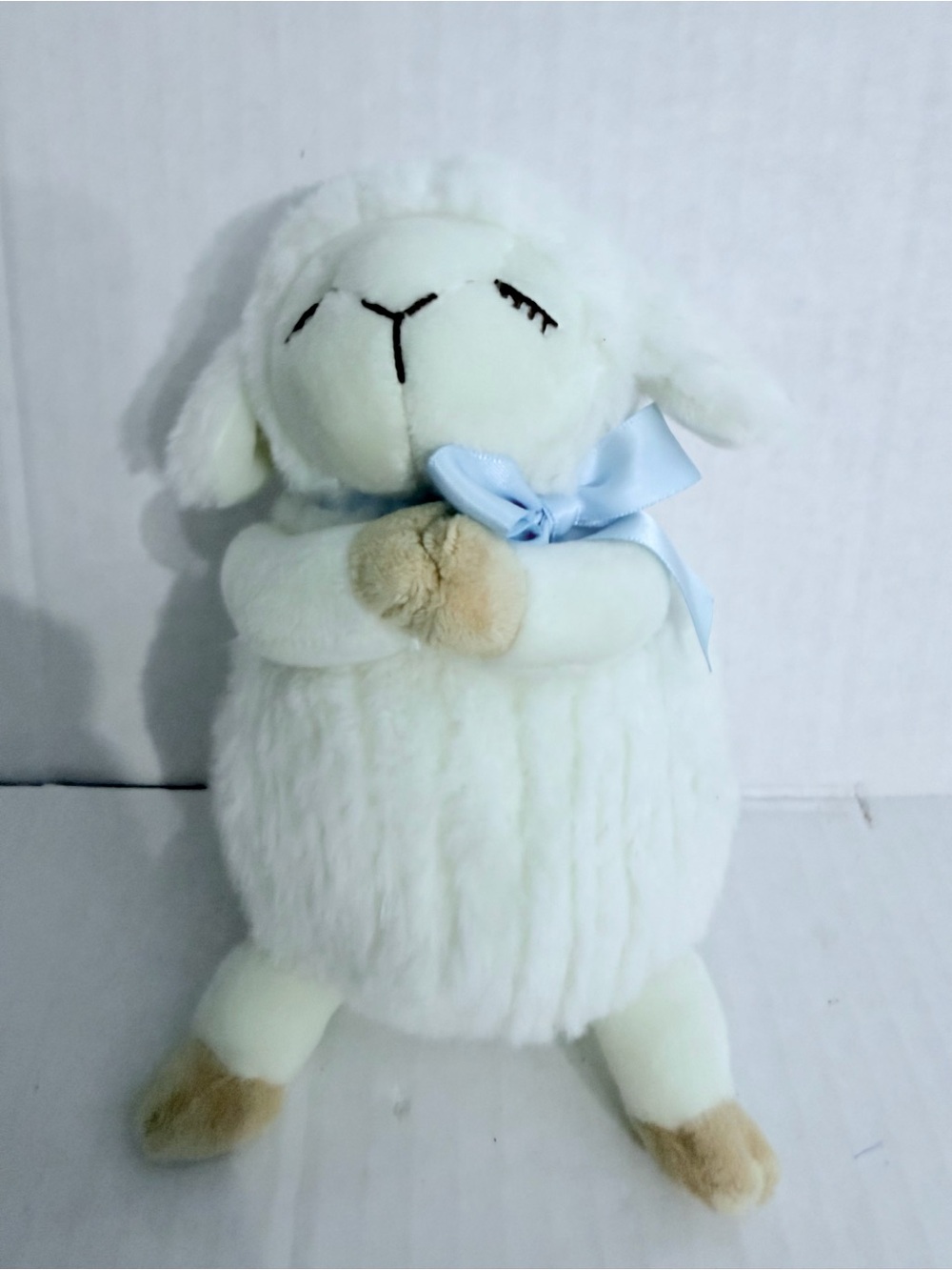 Swan Fay Praying Hands Plush White Lamb with Light Blue Bow
